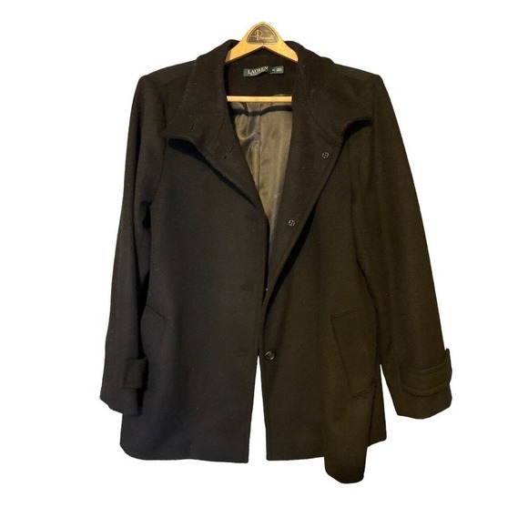 Ralph Lauren Womans 16 Long Wool Winter Coat Plus Size Single Breasted Black XL - Picture 1 of 14